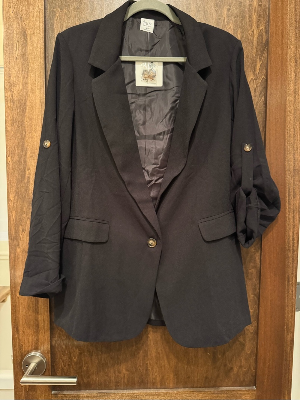 Cozy Chic Black Relaxed Blazer with Roll-Tab Sleeves- NWT